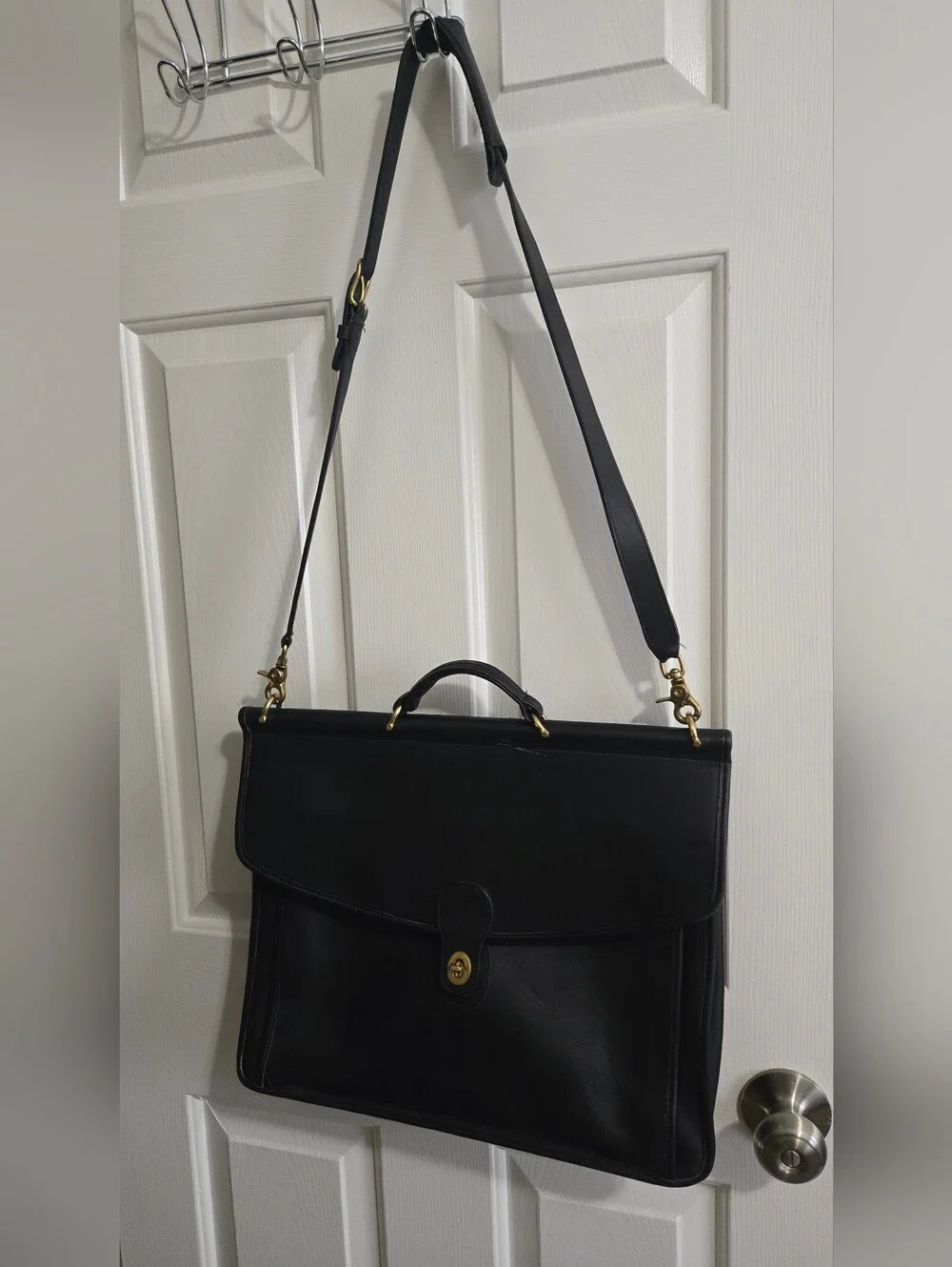 Vintage COACH Black Leather Briefcase Brass With Strap